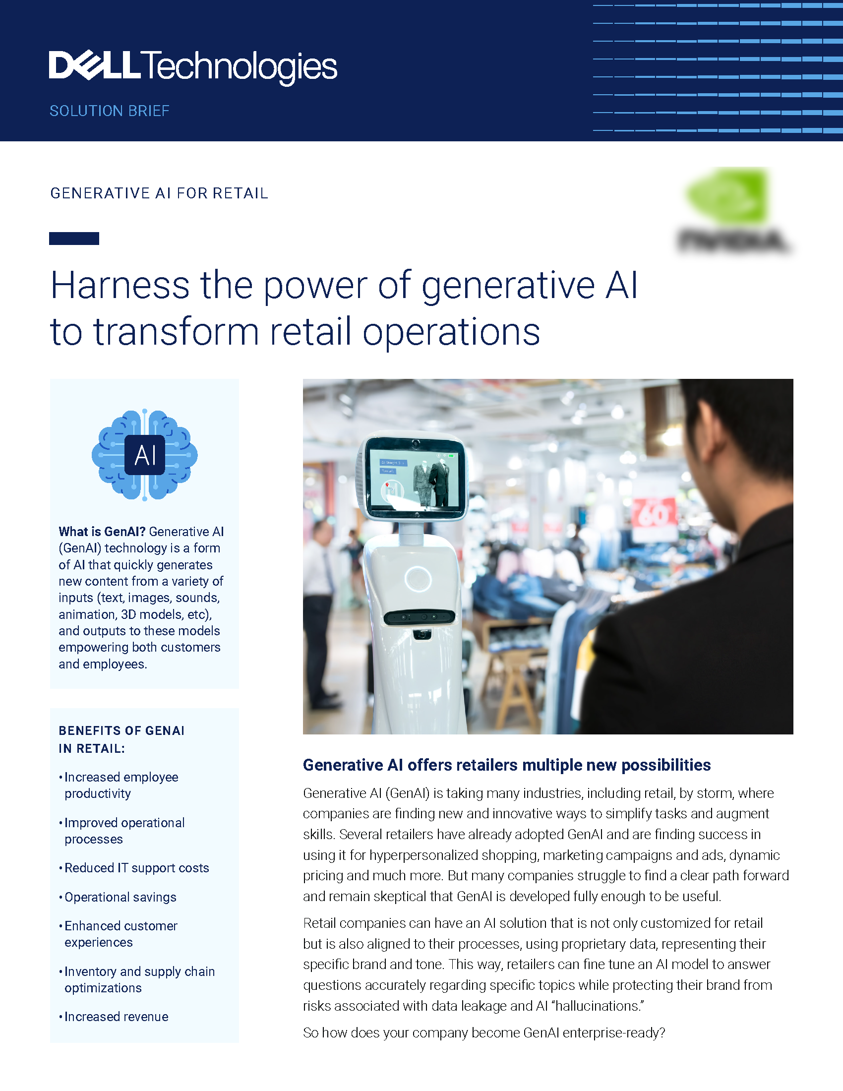 Dell Technologies Solution Brief - page 1. Title: Harness the power of generative AI to transform retail operations