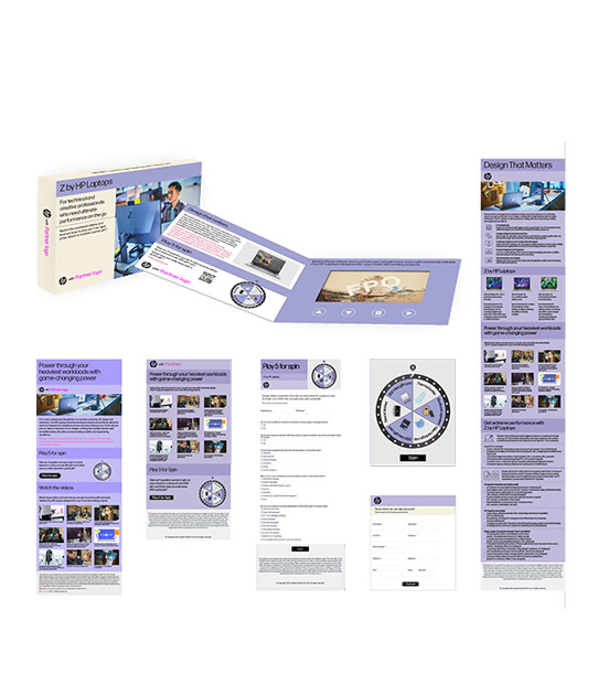 Assets for HP video mailer and Play 5 for spin wheel. Title: Z by HP Laptops. Featuring outer box, video mailer, email and registration form, landing page, and Play 5 for spin prize wheel.