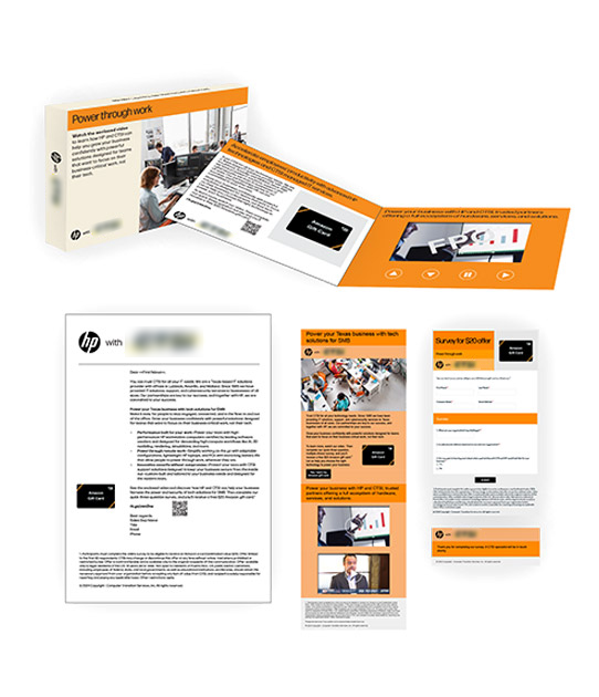 Assets for HP video mailer. Title: Power through work. Featuring outer box, video mailer, letter, email, and registration form.