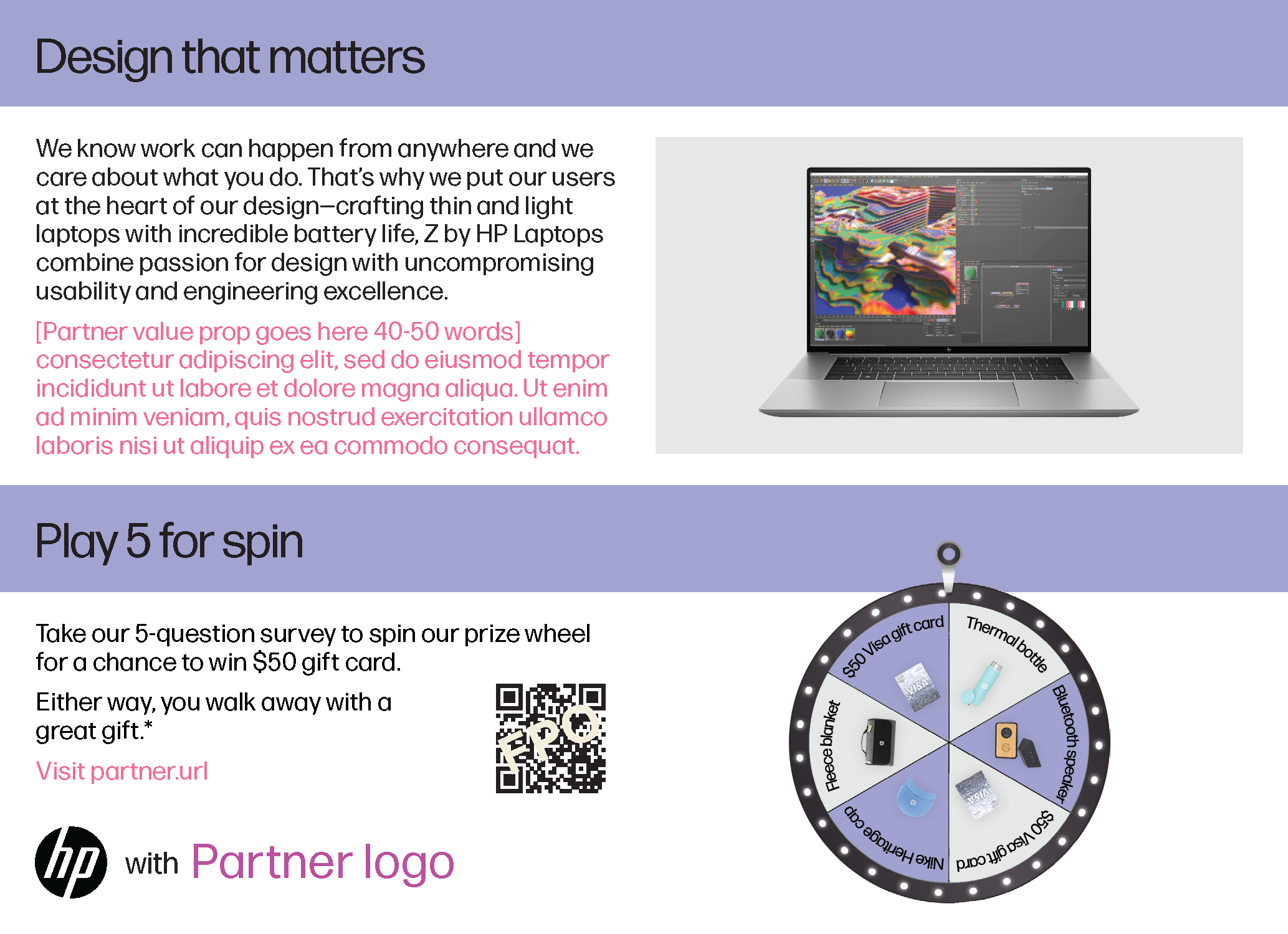 HP video mailer - page 2. Title: Design that Matters. Play 5 for spin.