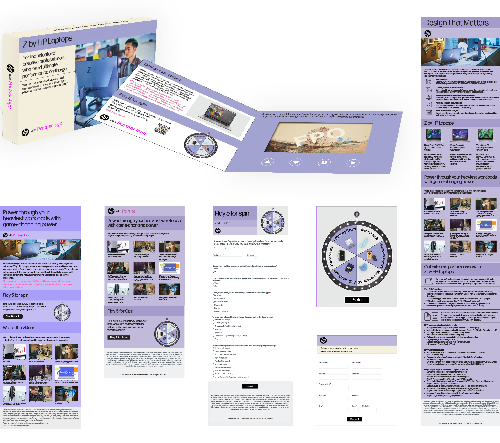 Assets for HP video mailer and Play 5 for spin wheel. Title: Z by HP Laptops. Featuring outer box, video mailer, email and registration form, landing page, and Play 5 for spin prize wheel.