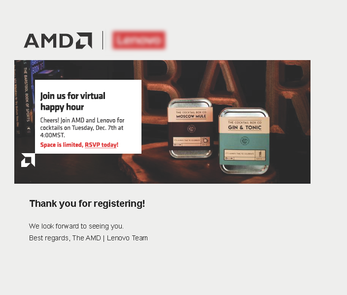 Confirmation page for AMD Virtual Happy Hour event