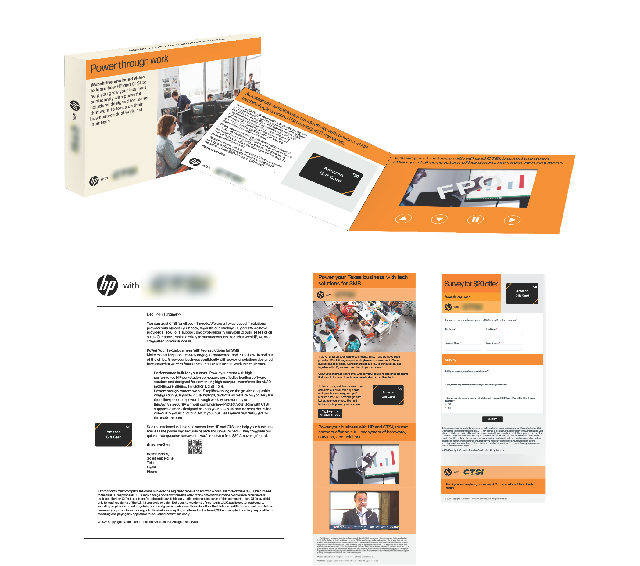 Assets for HP video mailer. Title: Power through work. Featuring outer box, video mailer, letter, email, and registration form.